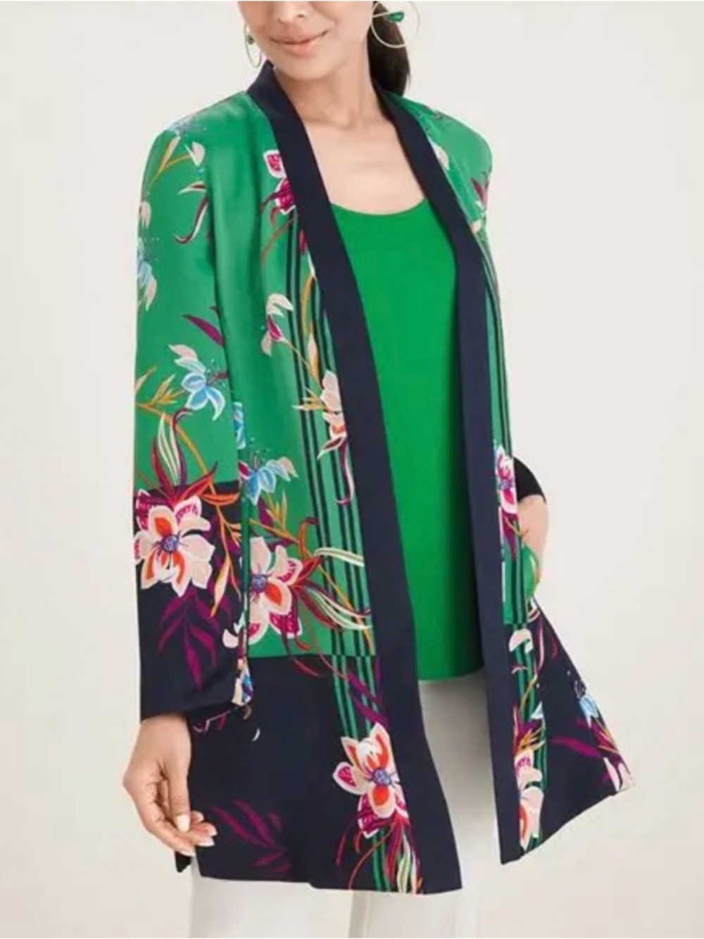 NWOT CHICOS BOTANICAL GREEN/NAVY REVERSIBLE FLORAL TO SOLID JACKET|KIMONO SZ 8/M